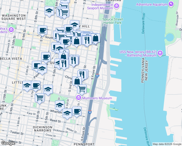 map of restaurants, bars, coffee shops, grocery stores, and more near 115 Catharine Street in Philadelphia