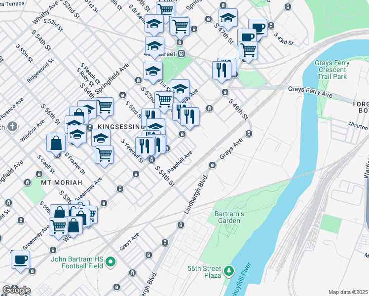 map of restaurants, bars, coffee shops, grocery stores, and more near 1632 South Wilton Street in Philadelphia