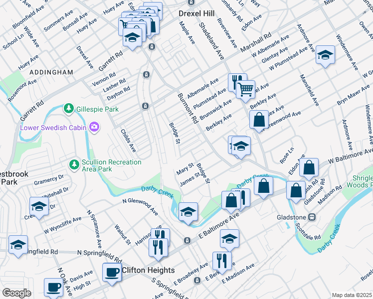 map of restaurants, bars, coffee shops, grocery stores, and more near 3855 Anne Street in Drexel Hill