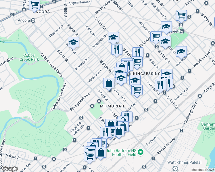 map of restaurants, bars, coffee shops, grocery stores, and more near 1831 South 57th Street in Philadelphia