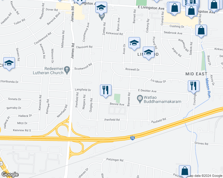 map of restaurants, bars, coffee shops, grocery stores, and more near 3167 East Deshler Avenue in Columbus