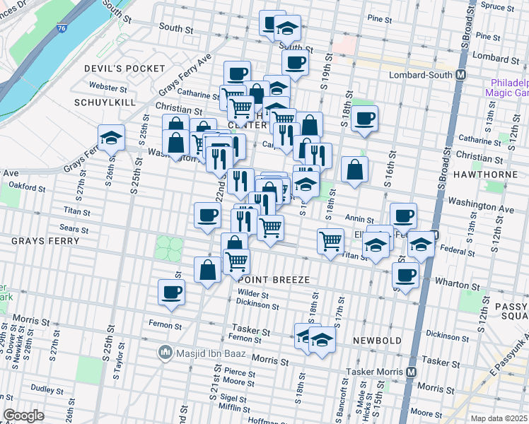 map of restaurants, bars, coffee shops, grocery stores, and more near 2014 Federal Street in Philadelphia