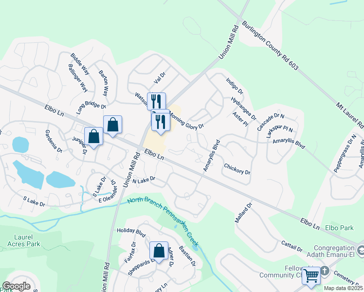 map of restaurants, bars, coffee shops, grocery stores, and more near 1302B Ginger Drive in Mount Laurel Township