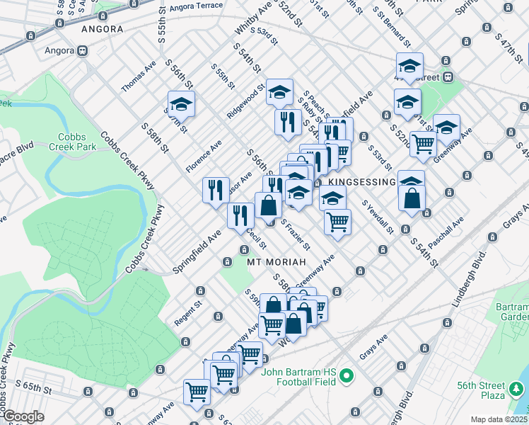map of restaurants, bars, coffee shops, grocery stores, and more near 1831 South 57th Street in Philadelphia
