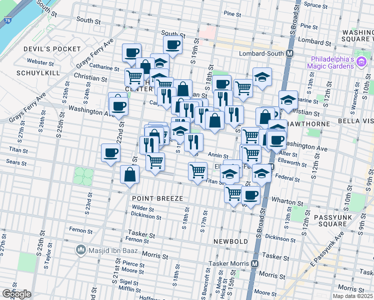 map of restaurants, bars, coffee shops, grocery stores, and more near 1157 Dorrance Street in Philadelphia