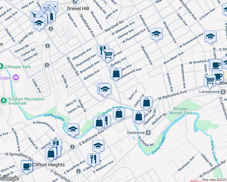 map of restaurants, bars, coffee shops, grocery stores, and more near 123 Abbey Terrace in Drexel Hill