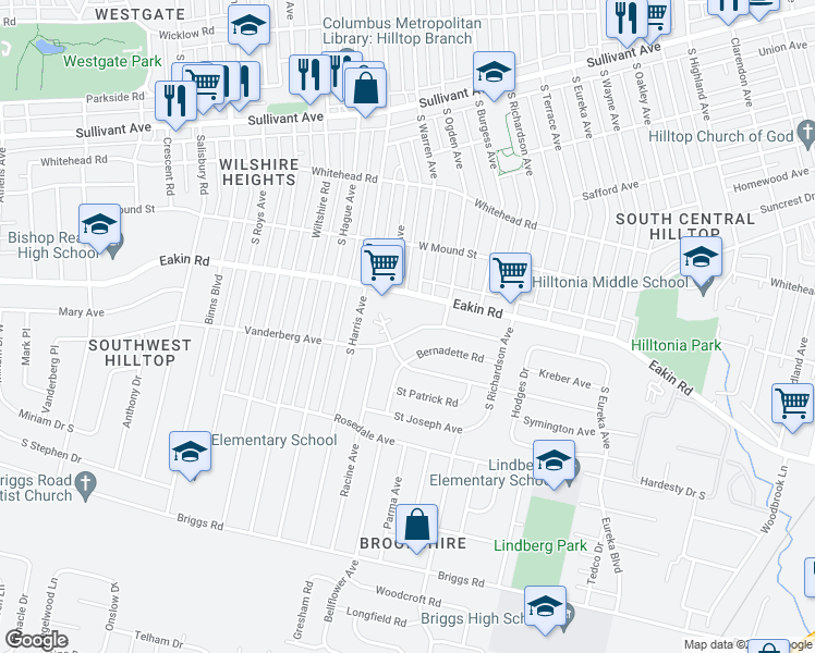 map of restaurants, bars, coffee shops, grocery stores, and more near 2756 Vanderberg Ave in Columbus