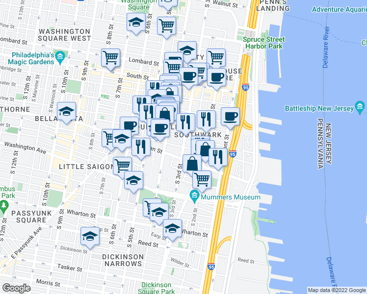 map of restaurants, bars, coffee shops, grocery stores, and more near S 3rd St & Queen St in Philadelphia