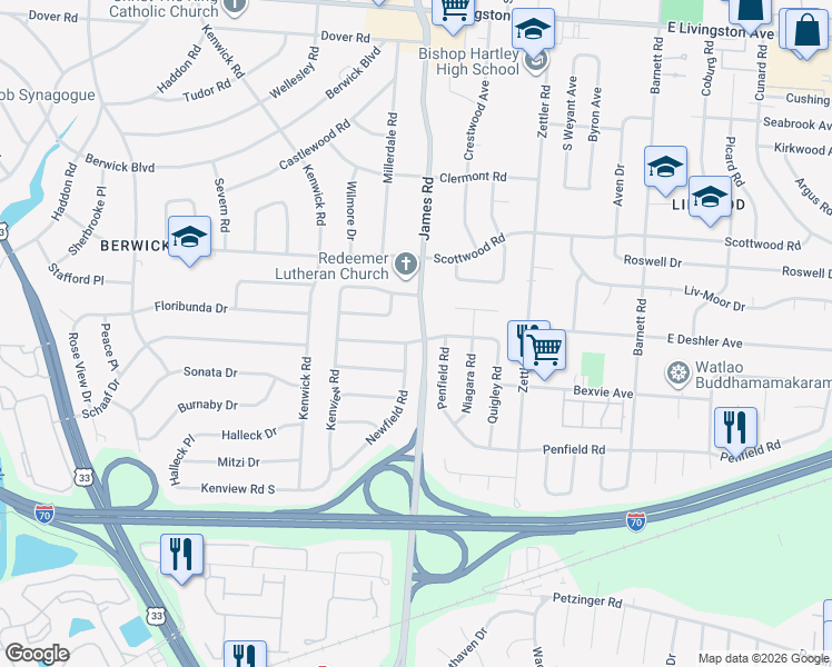 map of restaurants, bars, coffee shops, grocery stores, and more near 1637 South James Road in Columbus