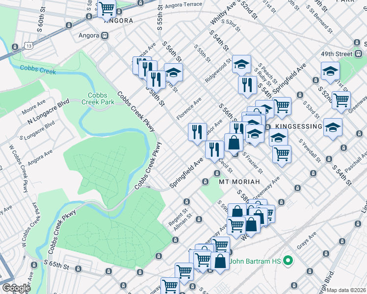 map of restaurants, bars, coffee shops, grocery stores, and more near 1710 South 58th Street in Philadelphia