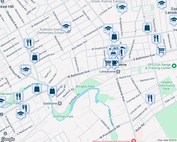 map of restaurants, bars, coffee shops, grocery stores, and more near 1 Windermere Avenue in Lansdowne