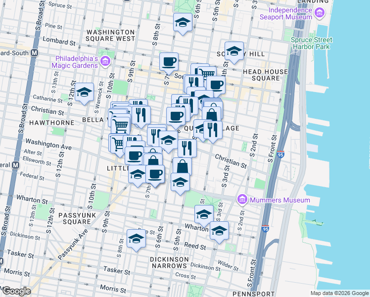 map of restaurants, bars, coffee shops, grocery stores, and more near 536 Christian Street in Philadelphia