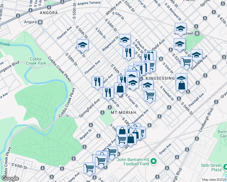 map of restaurants, bars, coffee shops, grocery stores, and more near 1812 South 57th Street in Philadelphia