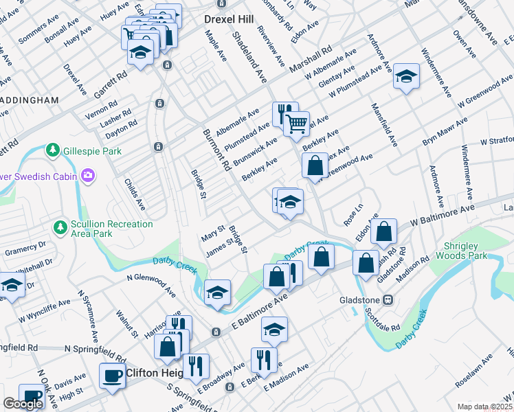 map of restaurants, bars, coffee shops, grocery stores, and more near 149 Burmont Road in Drexel Hill