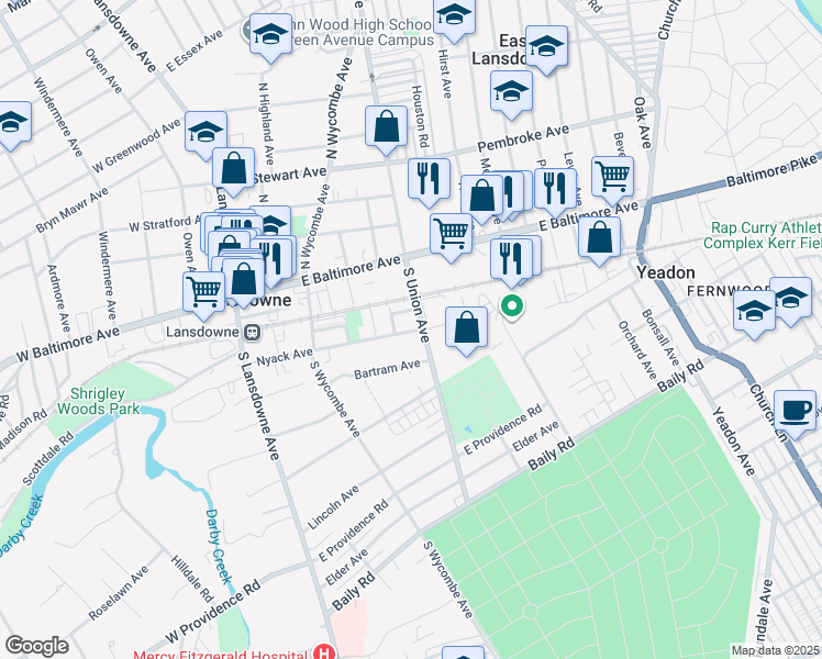 map of restaurants, bars, coffee shops, grocery stores, and more near in Yeadon