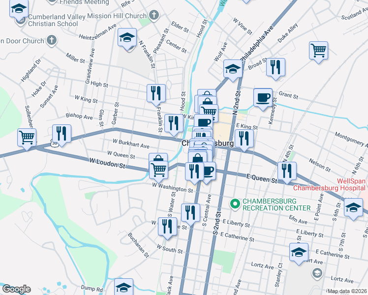 map of restaurants, bars, coffee shops, grocery stores, and more near 54 Lincoln Way West in Chambersburg
