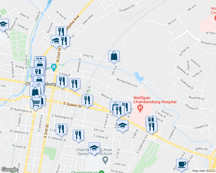 map of restaurants, bars, coffee shops, grocery stores, and more near East King Street in Chambersburg