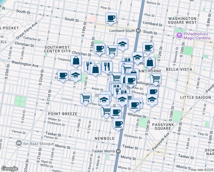 map of restaurants, bars, coffee shops, grocery stores, and more near S 16th St & Ellsworth St in Philadelphia