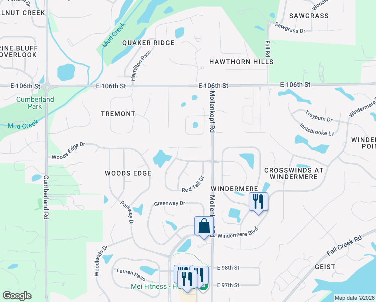 map of restaurants, bars, coffee shops, grocery stores, and more near 10481 Fox Creek Lane in Fishers