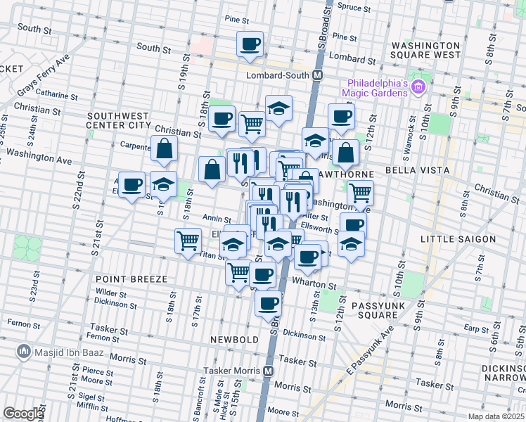map of restaurants, bars, coffee shops, grocery stores, and more near 1124 South 15th Street in Philadelphia