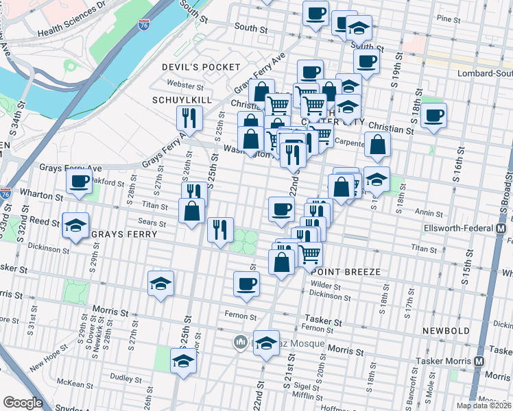map of restaurants, bars, coffee shops, grocery stores, and more near 1233 South Bucknell Street in Philadelphia