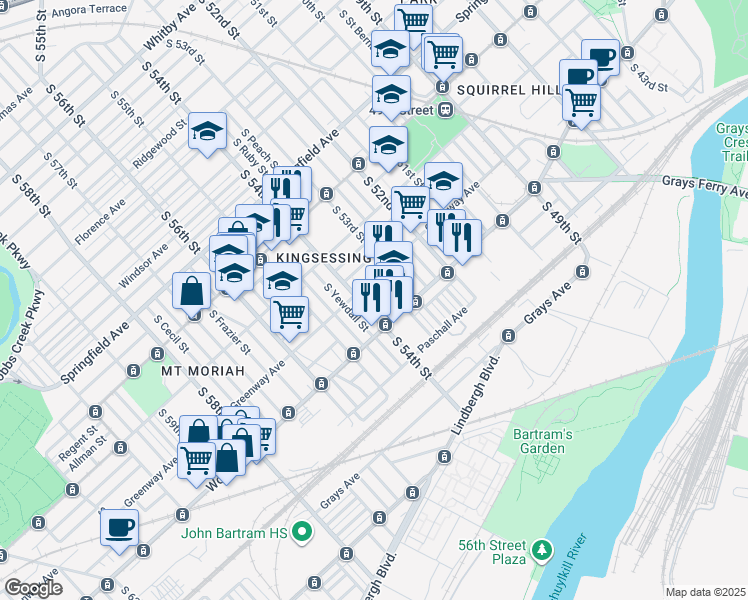 map of restaurants, bars, coffee shops, grocery stores, and more near 5329 Yocum Street in Philadelphia