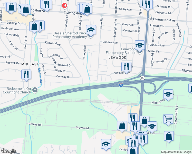 map of restaurants, bars, coffee shops, grocery stores, and more near 4012 Elaine Place North in Columbus