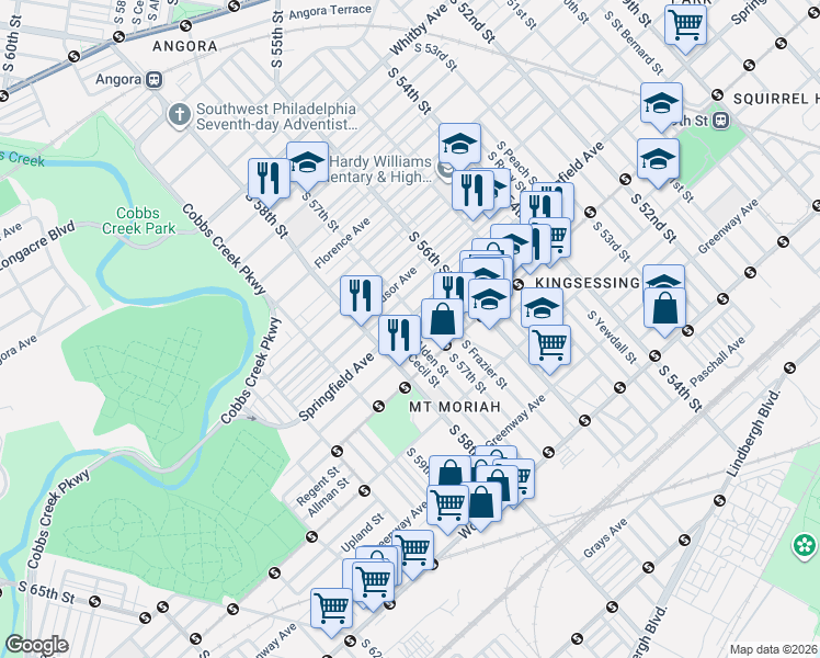 map of restaurants, bars, coffee shops, grocery stores, and more near 5712 Springfield Avenue in Philadelphia