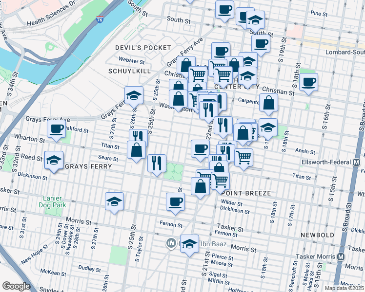map of restaurants, bars, coffee shops, grocery stores, and more near 1239 South Bonsall Street in Philadelphia