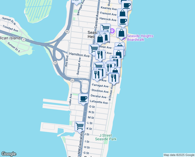 map of restaurants, bars, coffee shops, grocery stores, and more near 22 Ocean Boulevard in Seaside Heights