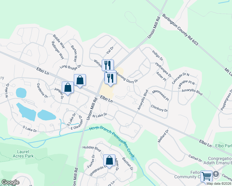 map of restaurants, bars, coffee shops, grocery stores, and more near 1001 Ginger Court in Mount Laurel Township