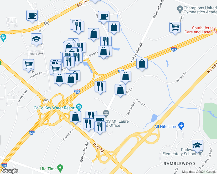 map of restaurants, bars, coffee shops, grocery stores, and more near 501 Fellowship Road in Mount Laurel