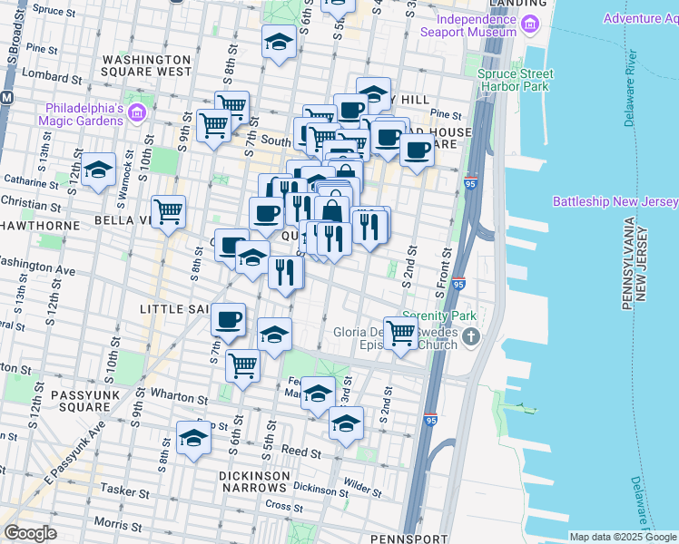 map of restaurants, bars, coffee shops, grocery stores, and more near 342 Queen Street in Philadelphia