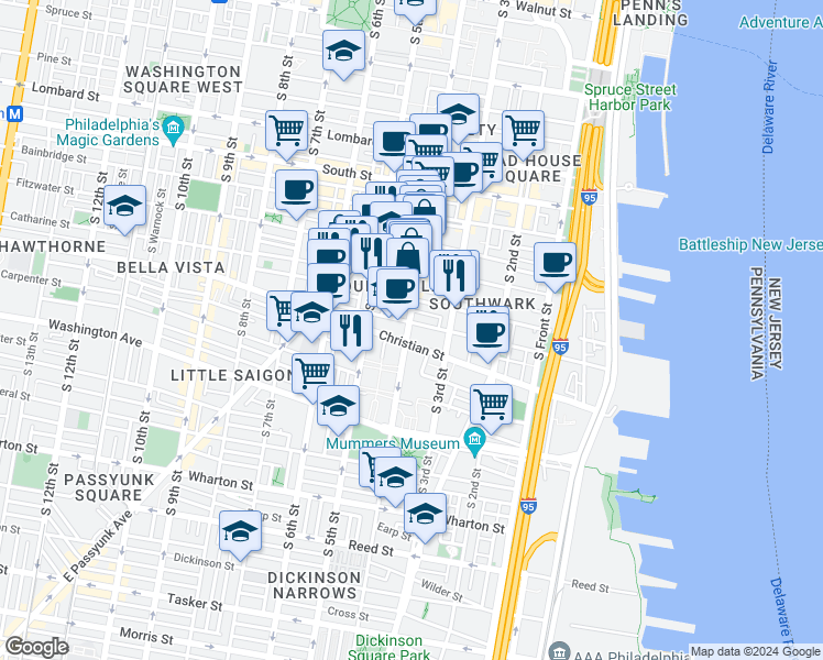 map of restaurants, bars, coffee shops, grocery stores, and more near 342 Queen Street in Philadelphia