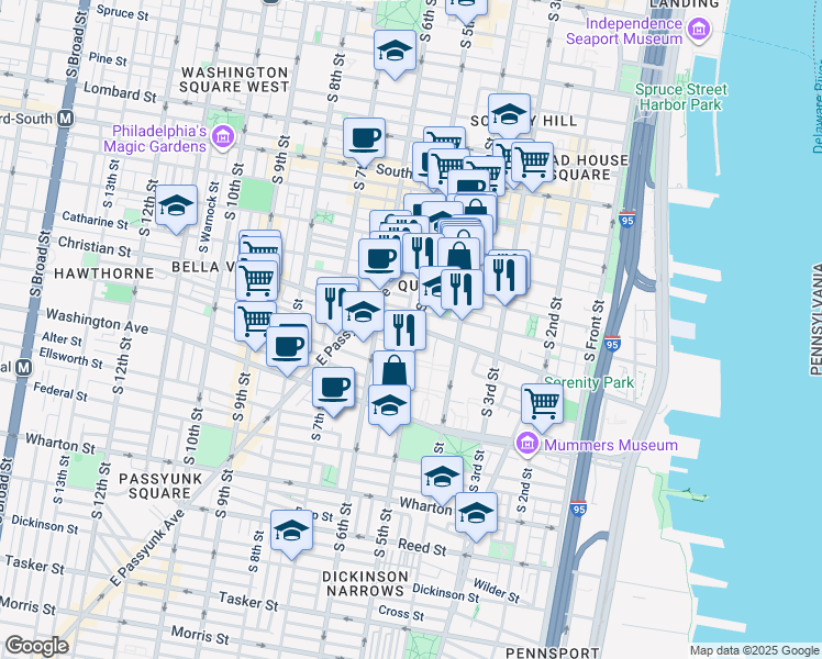 map of restaurants, bars, coffee shops, grocery stores, and more near 441 Christian Street in Philadelphia