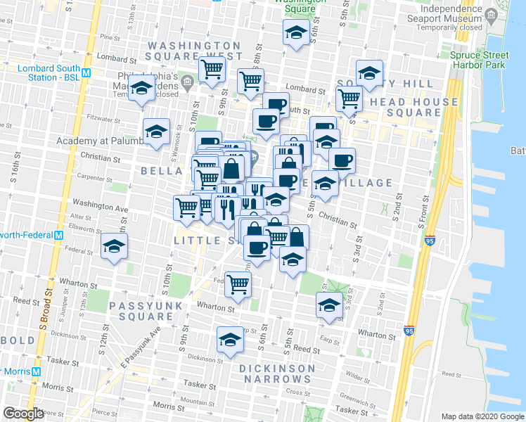 map of restaurants, bars, coffee shops, grocery stores, and more near in Philadelphia