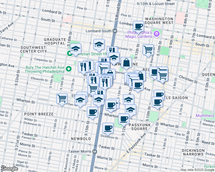 map of restaurants, bars, coffee shops, grocery stores, and more near in Philadelphia