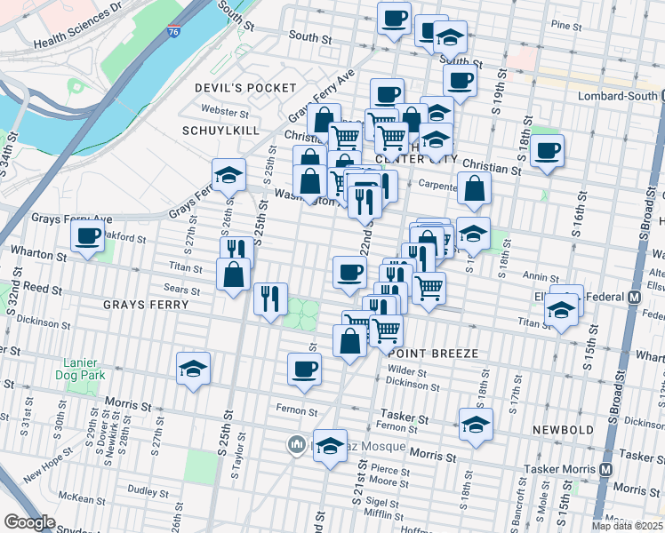 map of restaurants, bars, coffee shops, grocery stores, and more near in Philadelphia