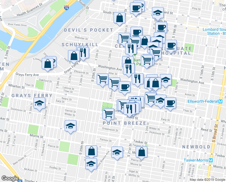 map of restaurants, bars, coffee shops, grocery stores, and more near 1233 South Bucknell Street in Philadelphia