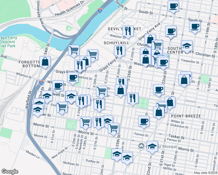 map of restaurants, bars, coffee shops, grocery stores, and more near 2609 Latona Street in Philadelphia