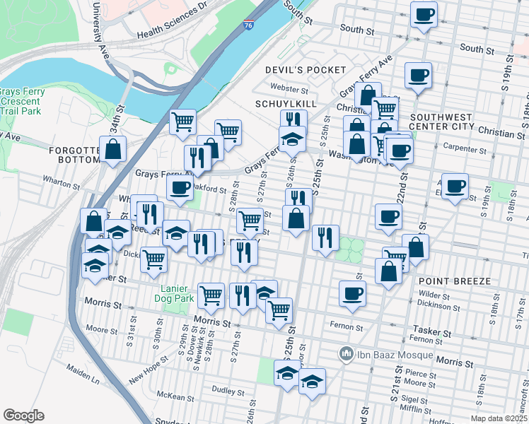 map of restaurants, bars, coffee shops, grocery stores, and more near in Philadelphia