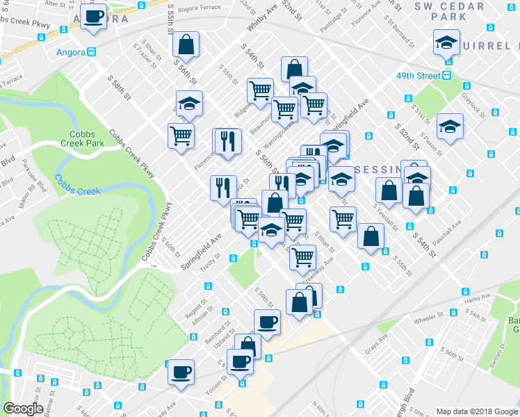 map of restaurants, bars, coffee shops, grocery stores, and more near 1811 South 57th Street in Philadelphia