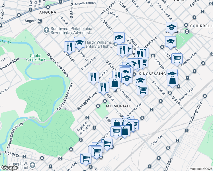 map of restaurants, bars, coffee shops, grocery stores, and more near 1811 South 57th Street in Philadelphia