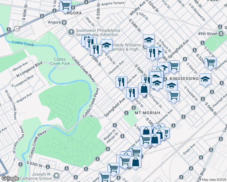 map of restaurants, bars, coffee shops, grocery stores, and more near 1710 South 58th Street in Philadelphia