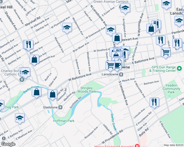 map of restaurants, bars, coffee shops, grocery stores, and more near 83 West Baltimore Avenue in Lansdowne