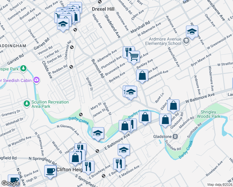 map of restaurants, bars, coffee shops, grocery stores, and more near 156 Burmont Road in Drexel Hill