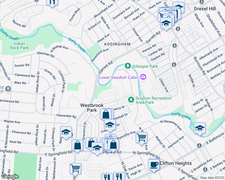 map of restaurants, bars, coffee shops, grocery stores, and more near 536 7 Oaks Drive in Clifton Heights