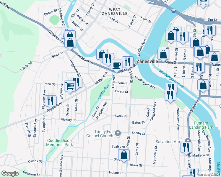 map of restaurants, bars, coffee shops, grocery stores, and more near 153 Luck Avenue in Zanesville
