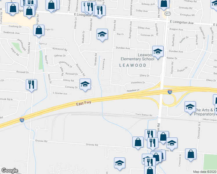 map of restaurants, bars, coffee shops, grocery stores, and more near 4012 Elaine Place North in Columbus