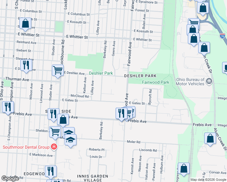 map of restaurants, bars, coffee shops, grocery stores, and more near 1428 Geers Place in Columbus